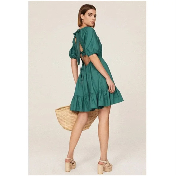 Peter Som Tie Back Green Dress 6 Ruffle Hem Puff Sleeves Travel Beach Resort - Picture 3 of 8